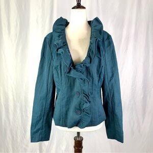 Samuel Dong teal ruffle neck jacket cotton blend M